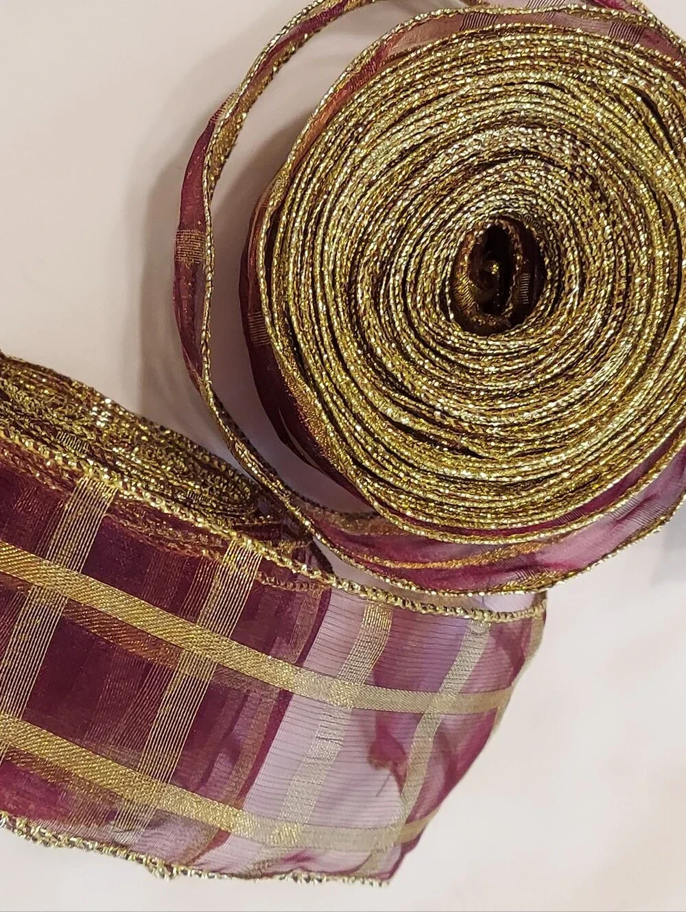 Sullivans Sheer Wired Ribbon, Burgandy/Bronze Gold Metallic Trim/Plaid,17yds,New